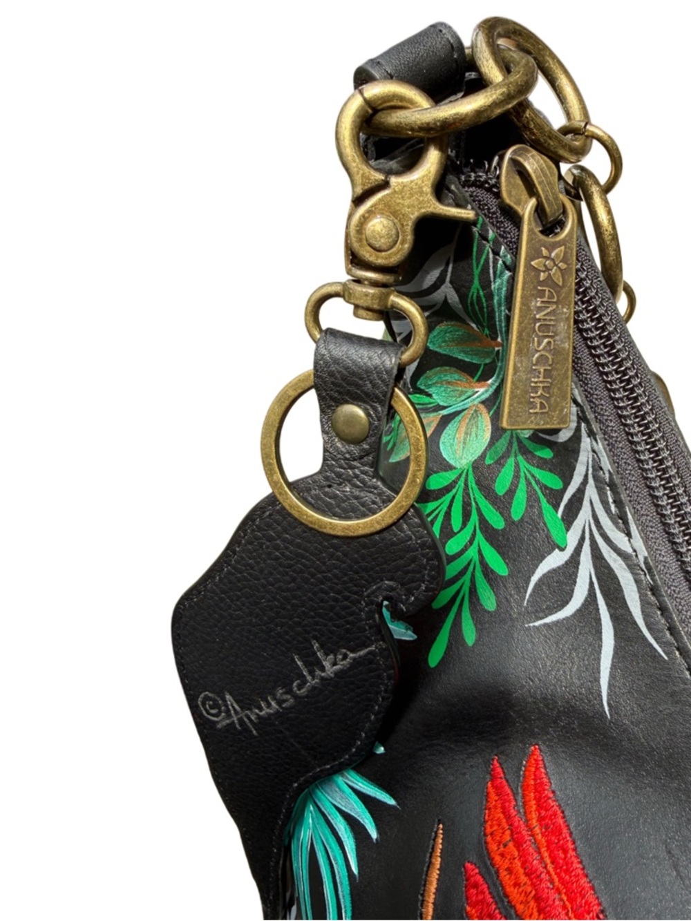 Anuschka Macaw Forest Painted & Embroidered Hobo Bag w/ Macaw Bag Charm - Picture 7 of 11